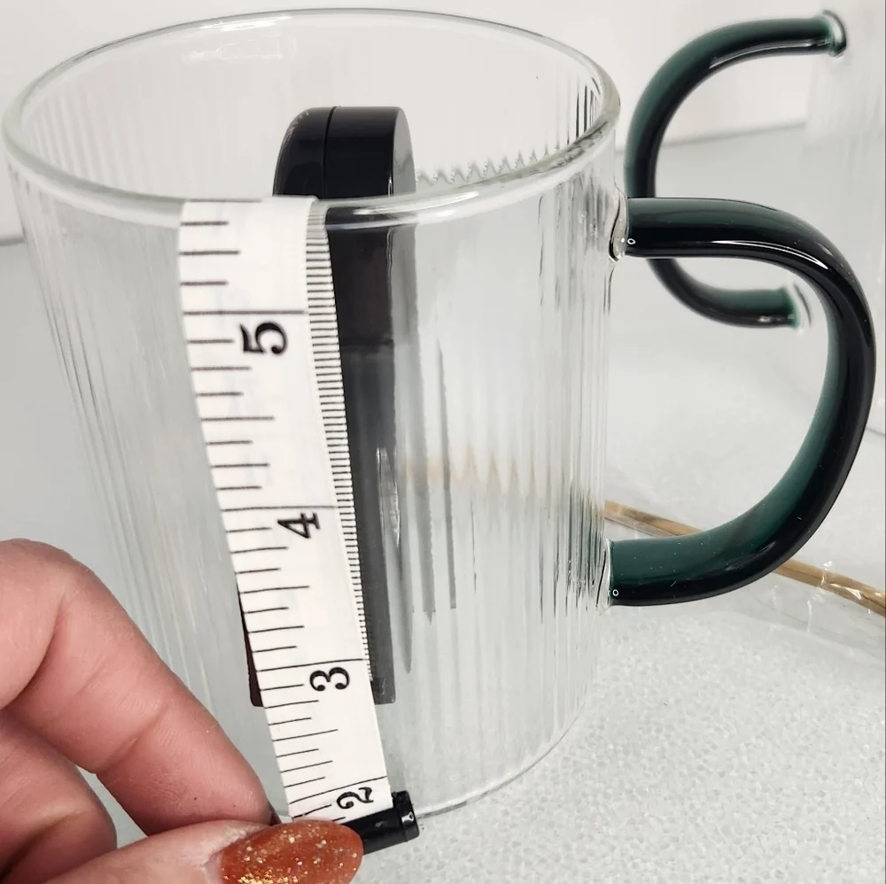 Lot 2 heat resistant clear and green‎ glass coffee/tea cups w gold stir spoons